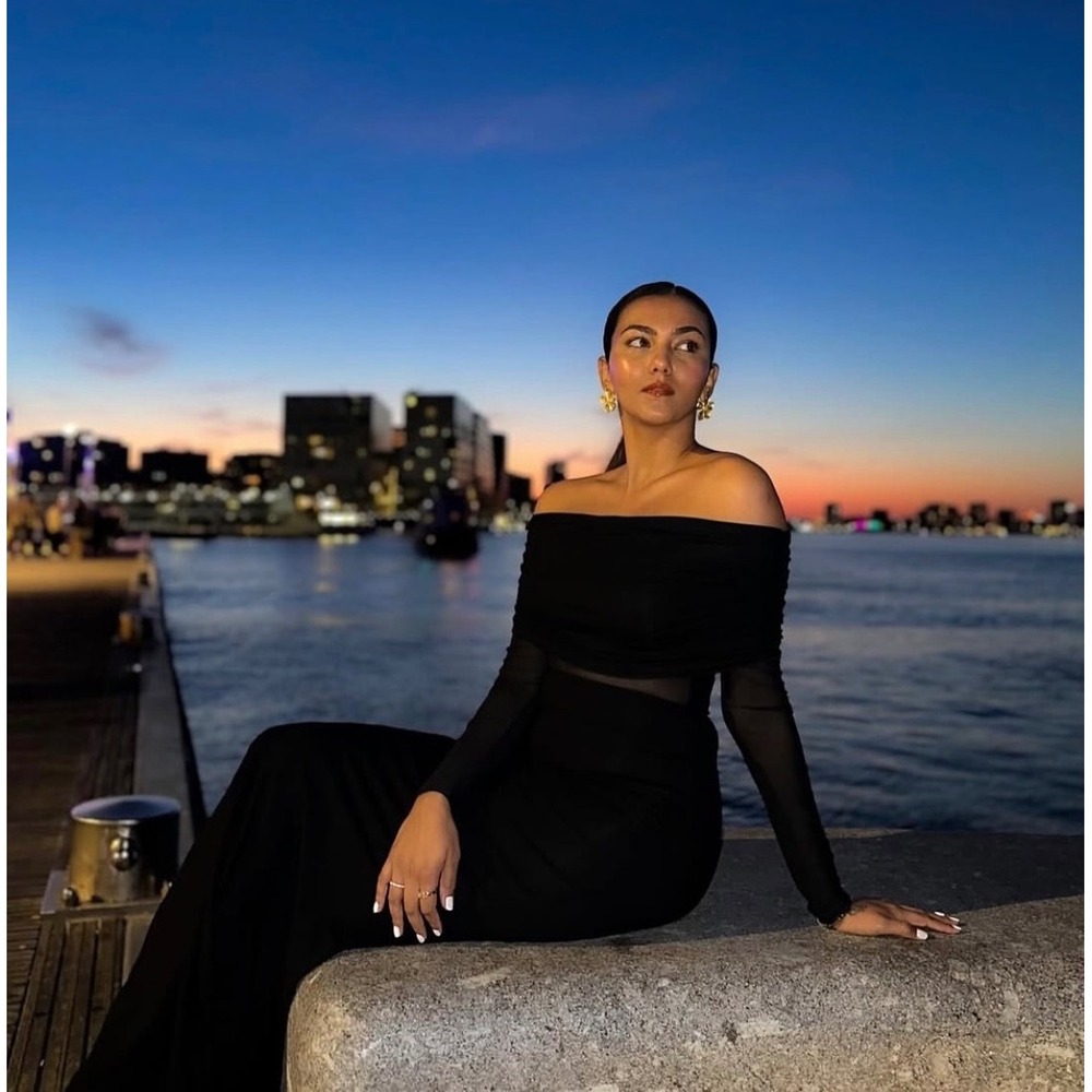 Commense  Maxi‎ Dress Off Shoulder Long Sleeve Evening Gown Party Dress black M